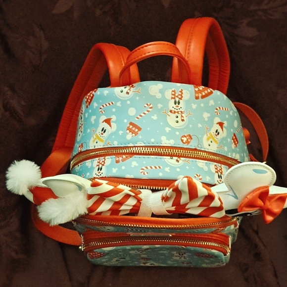 Loungefly Snowman Mickey & Minnie Mouse Mini Backpack With Ears Headband - Picture 3 of 15